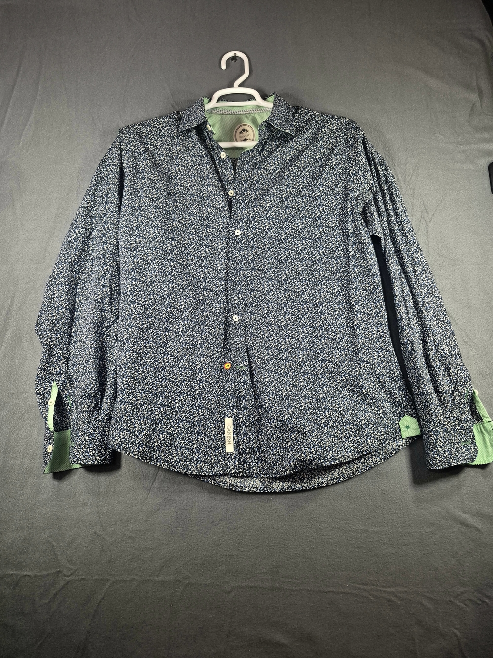 Ganesh Navy Micro-Print Button-Down Shirt with Green Accents - Picture 1 of 10